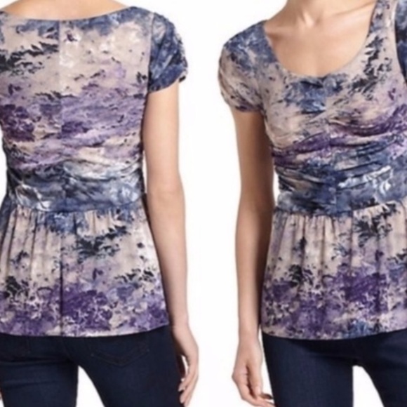 Anthropologie Postmark Y2K Watercolor Ruched Mesh on Mesh Peplum Top - Picture 6 of 12